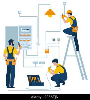 Electricians repair sockets and wiring in the house and install sensors to manage energy in the home. Electricians wear uniforms and protective gear a Stock Vector