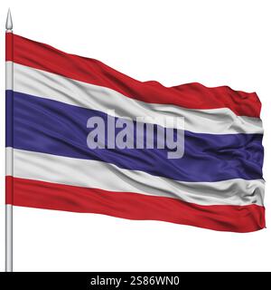 Thailand Flag on Flagpole, Flying in the Wind, Isolated on White Background Stock Photo