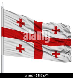 Georgia Flag on Flagpole, Flying in the Wind, Isolated on White Background Stock Photo