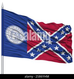 Trenton City Flag on Flagpole, Georgia State, Flying in the Wind, Isolated on White Background Stock Photo