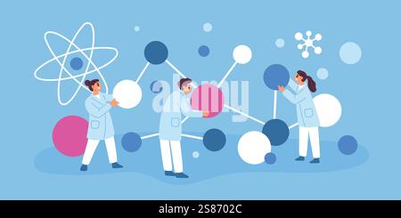 Tiny scientists move molecules. Physicists and chemists conducting experiment. Laboratory research. New formulas. Genetic lab test. Scientific discove Stock Vector