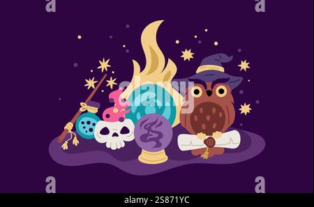 Magical items compositions. Wizard tools with owl. Alchemy elements. Oracle crystal ball. Spell scroll. Witch book. Magic potion in skull cup. Magicia Stock Vector