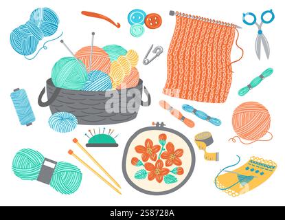 Knitting elements. Sewing and embroidery accessories. Woolen thread skein. Cozy hobby. Handcraft floss bobbin and scissors. Basket with yarn balls and Stock Vector