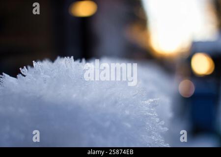 Ice Crystal Emerging from Snow with Sunset Bokeh Stock Photo