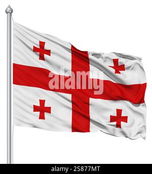 Flag of Georgia with flagpole waving in the wind against white background Stock Photo