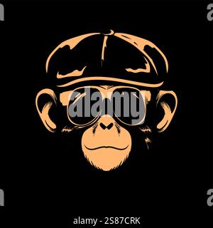 Funky Cool Monkey Head Face with Flat Hat and Ray Ban Sunglasses Badge Emblem Label Illustration Vector Stock Vector