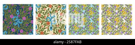 Set of seamless patterns with mystic floral snakes Stock Vector
