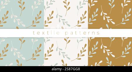 Botanical textile patterns, set herbal patterns with twigs in pastel colors. Vector illustration Stock Vector