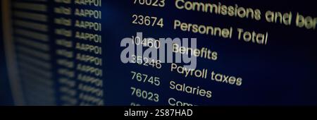 Website header shot of computer monitor displaying text in lines of coding program on black background, fish eye effect Stock Photo