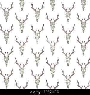 Vector seamless pattern of hand drawn sketch doodle colored deer skull isolated on white background Stock Vector
