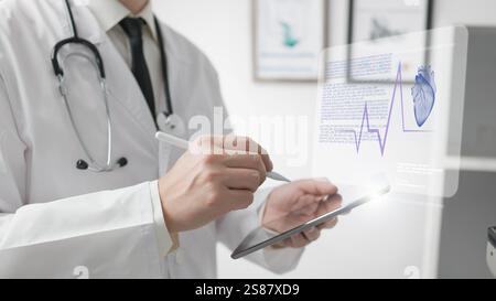 A doctor examines heart arrhythmia using AI, with a hologram displaying patient data and pulse on a tablet. Advanced AI technology aids in analyzing t Stock Photo