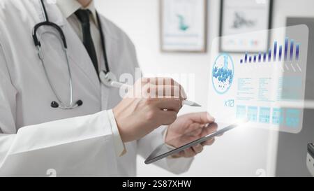 A doctor examines a hologram of proteins using artificial intelligence, exploring treatment methods and advancements in genetics and medical technolog Stock Photo
