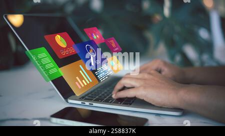 SEO, Marketing planning, People use search engine to searching for information, Using web console for data, Businessman search on virtual screen data Stock Photo