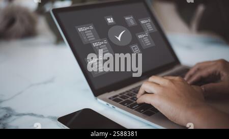 Check digital electronic documents on digital documents and checklist approval, Businessman choice checks transaction documents or electronic contract Stock Photo