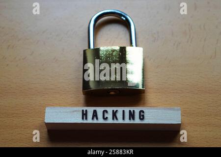 hacking and security concept. golden padlock with word written on a wooden block. Stock Photo