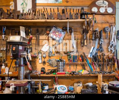 Pine Bush, New York State - May 10, 2024: Variety of tools in Interior of Workshop, USA Stock Photo