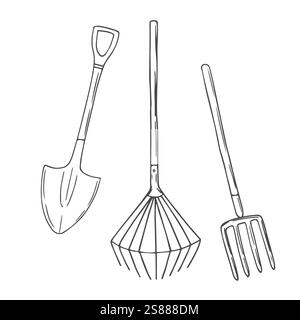 Gardening tools vector illustration in sketch style. Axe, seedling, gardening can and cutter. Fertilizer, glove, insecticide, pitchfork, wheelbarrow a Stock Vector