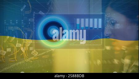Image of flag of ukraine and data processing on interface screens over servers Stock Photo