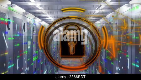 Image of data processing and padlock icon over computer servers Stock Photo