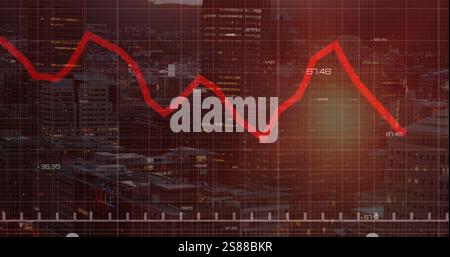 Image of red line and financial data processing over dark background Stock Photo