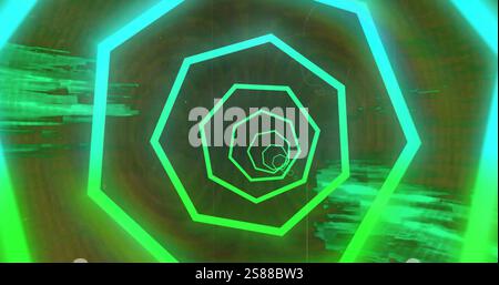Image of neon glowing tunnel over pattern vibrant abstract background Stock Photo