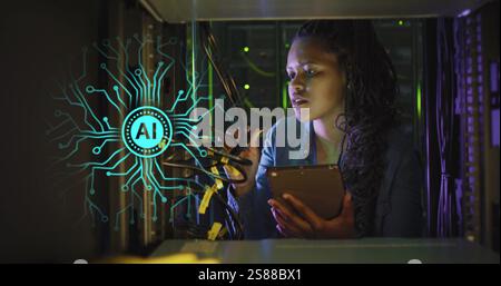 Image of ai brain and data over african american it woman by computer servers Stock Photo