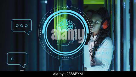 Image of ai brain and data over african american it woman by computer servers Stock Photo