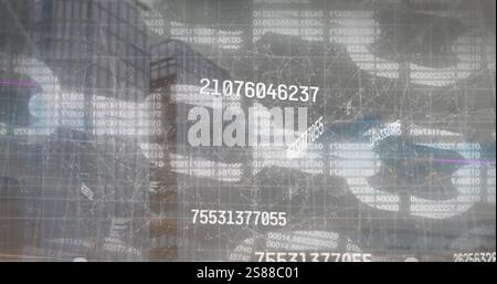 Image of financial data processing and block chain over office building Stock Photo