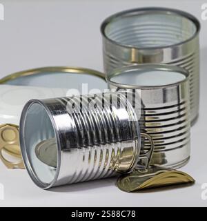 Empty tin cans in a close-up Stock Photo
