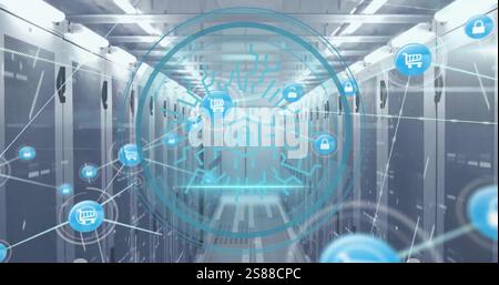 Image of cyber security text, connections with shopping trolley icons over computer servers Stock Photo