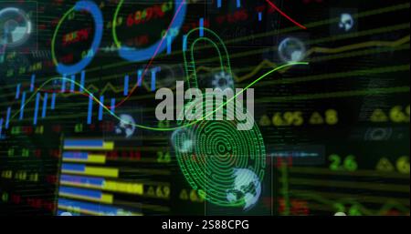 Image of biometric padlock and data processing Stock Photo
