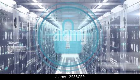 Image of padlock icon and digital data processing over computer servers Stock Photo