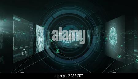 Image of padlock and data processing over screens Stock Photo