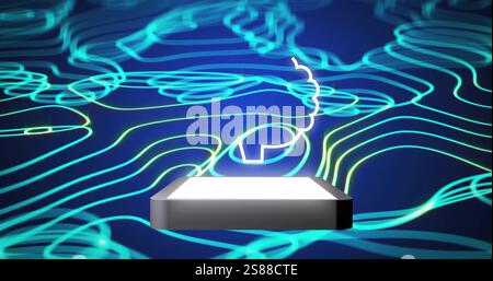 Image of ai data processing over brain and tablet with transfer trails Stock Photo