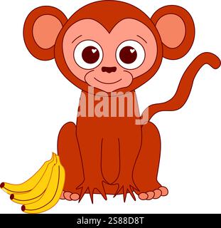 Graphic line Cartoon cute monkey chimpanzee with bananas composition. Vector illustration of happy monkey character design isolated. 2028 china new ye Stock Vector