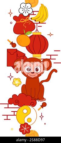 Traditional China new year elements seamless vertical border/ 2028 year of monkey Isolated. Graphic line Vector Illustration. Lunar New Year Decorativ Stock Vector