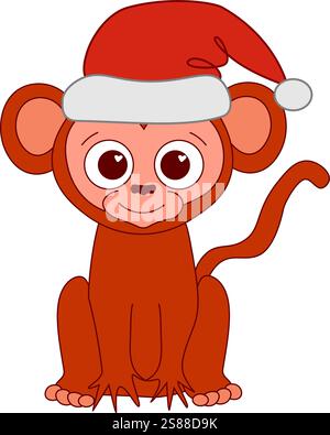 Cute christmas monkey cartoon hand drawn illustration. Graphic line vector composition, 2028 chinese new year mascot Stock Vector