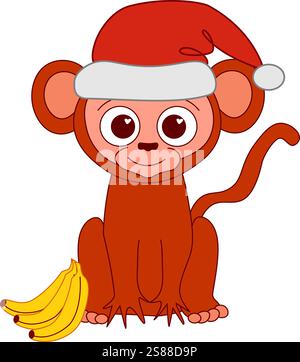 A Christmas monkey animal with bananas graphic line vector cartoon character in a Santa hat composition. china new year 2028 mascot Stock Vector