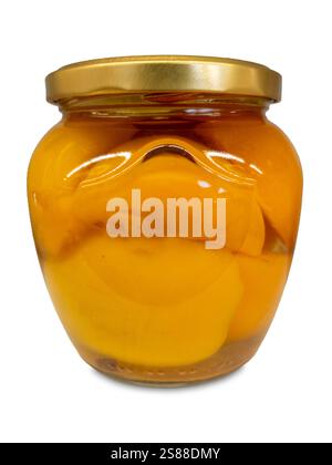 Slices of peaches in syrup in glass jar isolated on white with clipping path included Stock Photo