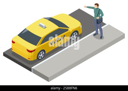 A man hails a yellow taxi on the street in an isometric vector style, representing urban mobility and ride-hailing services. Taxi transport, service Stock Vector