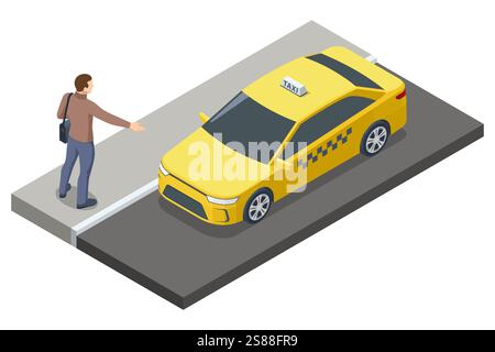 A man hails a yellow taxi on the street in an isometric vector style, representing urban mobility and ride-hailing services. Taxi transport, service Stock Vector