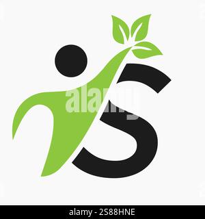 Initial Letter S Bio or Healthcare Logo Design Concept With Human And Green Leaf Symbol Stock Vector