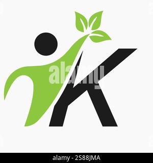 Initial Letter K Bio or Healthcare Logo Design Concept With Human And Green Leaf Symbol Stock Vector