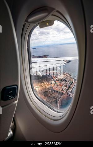 View from the cabin of an airplane approaching Tenerife South Stock Photo