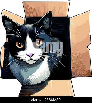 Playful feline portrait featuring a curious tuxedo cat inside a cardboard box Stock Vector
