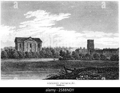 An engraving of Hackney Church &c. Middlesex scanned at high resolution from a book published around 1815. Stock Photo