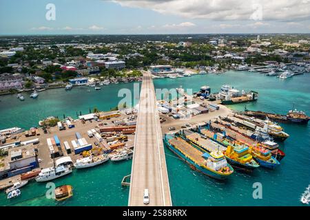 Nassau, Bahamas May 26, 2024: Aerial view of Nassau cityscape, Atlantis bridge and Ferry por Stock Photo