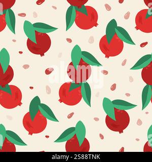 A bright pattern with pomegranates, leaves and fruit pits on the background. Vector seamless pattern in a flat style. Summer textile print, wrapping paper, holiday wrap. Stock Vector