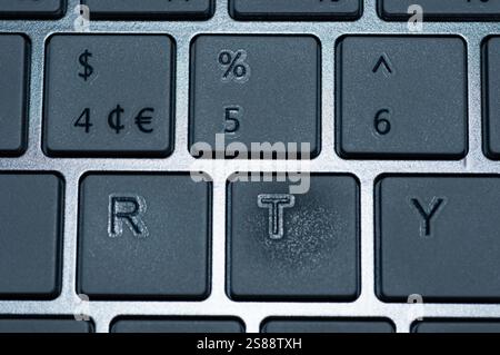 Close-up of a section of a gray laptop keyboard.  The image shows the keys with the dollar sign ($), euro sign (€), percent sign (%), the numbers 4, 5 Stock Photo