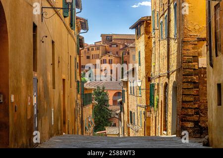 A view of old buildings in Siena along Via de Mezzo a street in the Bruco (caterpillar) district of Siena ,Italy Stock Photo